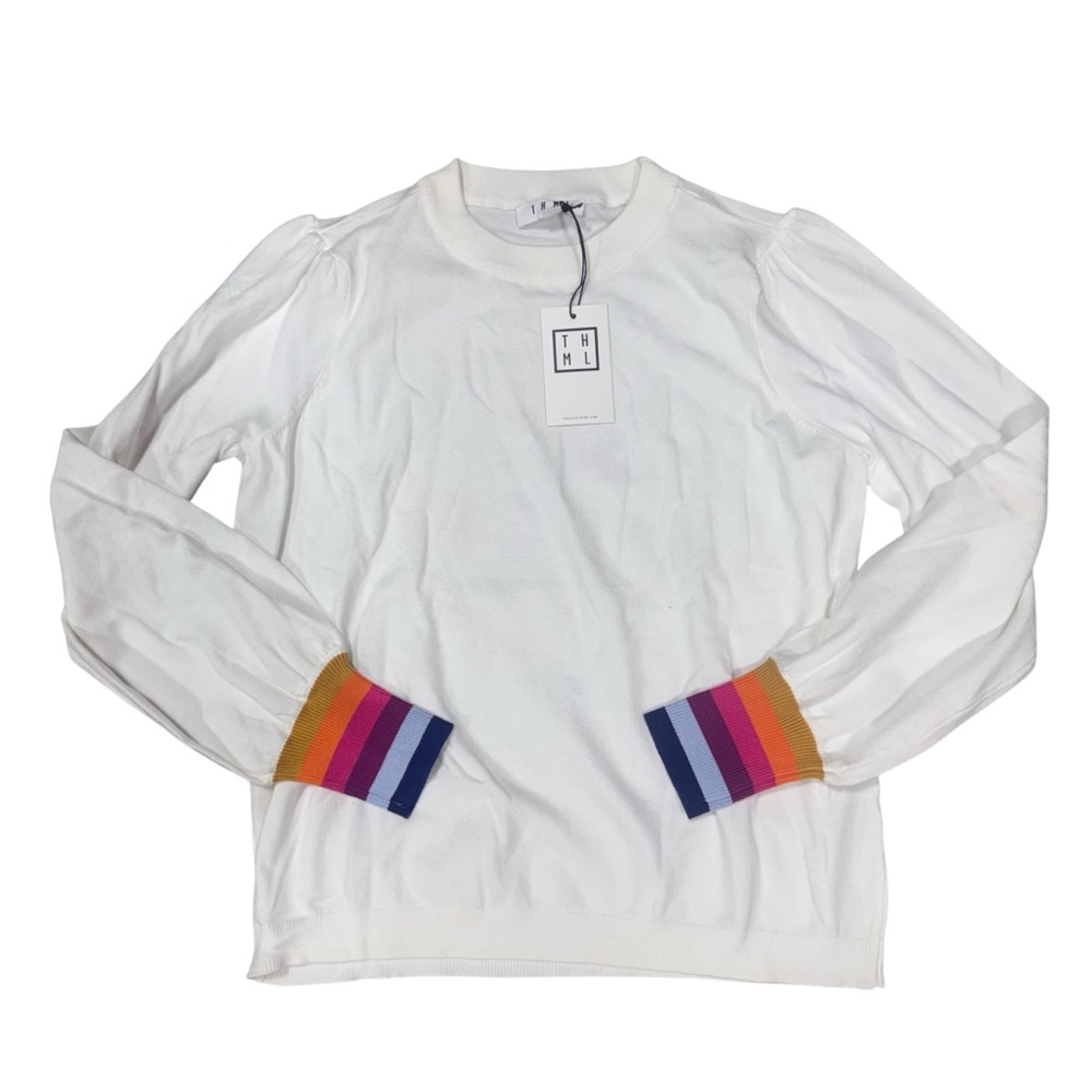 THML White Sweater with Rainbow Cuffs, Size Small, New With Tags, Crew Neck